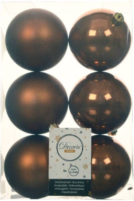 Decoris 6x stuks kunststof kerstballen kaneel bruin 8 cm glans mat Kerstbal