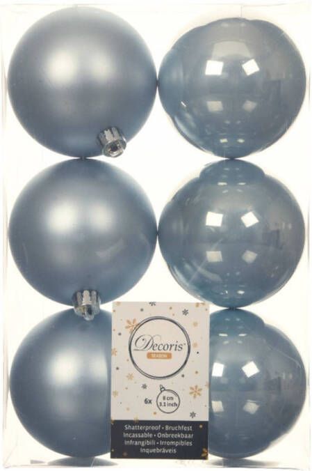 Decoris 6x stuks kunststof kerstballen lichtblauw 8 cm glans mat Kerstbal