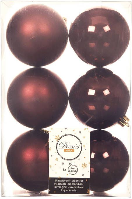 Decoris 6x stuks kunststof kerstballen mahonie bruin 8 cm glans mat Kerstbal