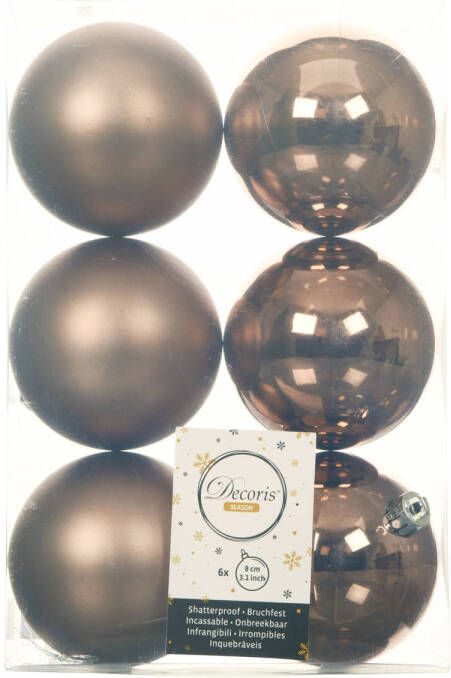 Decoris 6x stuks kunststof kerstballen walnoot bruin 8 cm glans mat Kerstbal