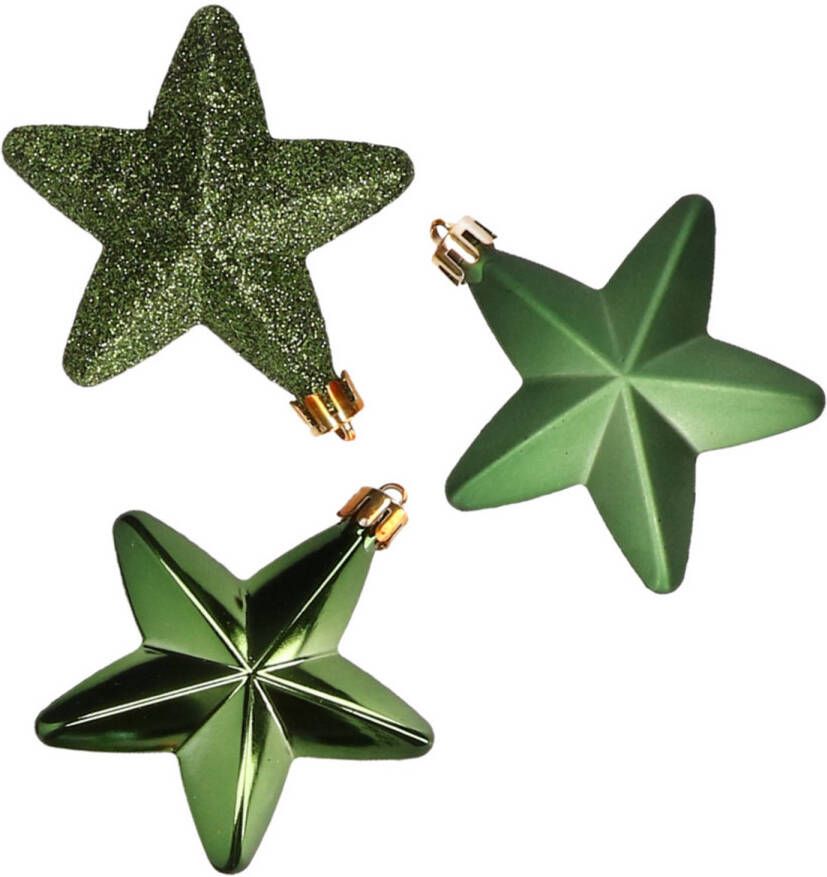 Decoris 6x stuks kunststof sterren kerstballen 7 cm donkergroen Kersthangers