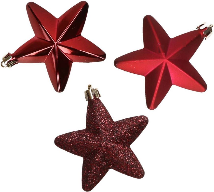 Decoris 6x stuks kunststof sterren kerstballen 7 cm donkerrood Kersthangers