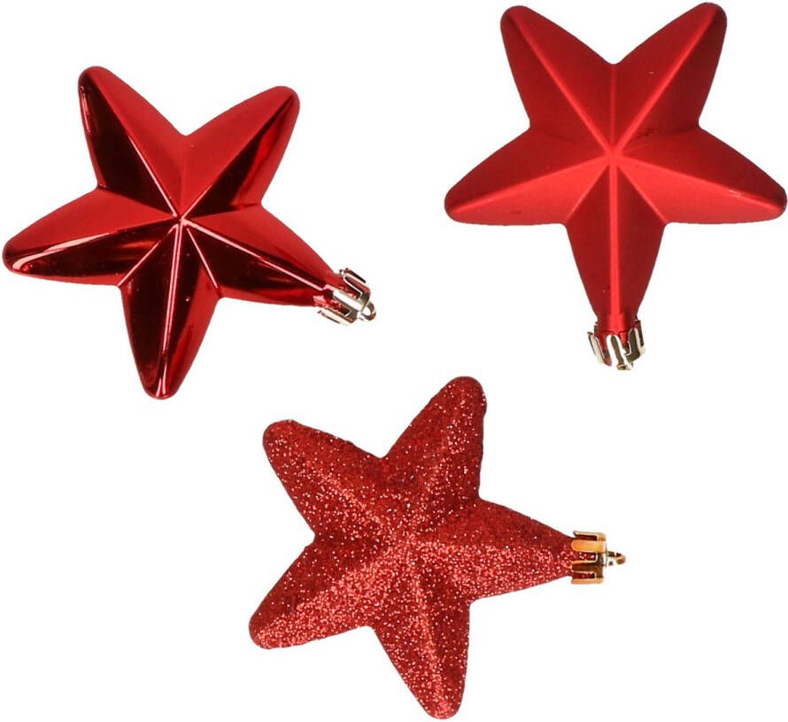 Decoris 6x stuks kunststof sterren kerstballen 7 cm rood glans mat glitter Kersthangers