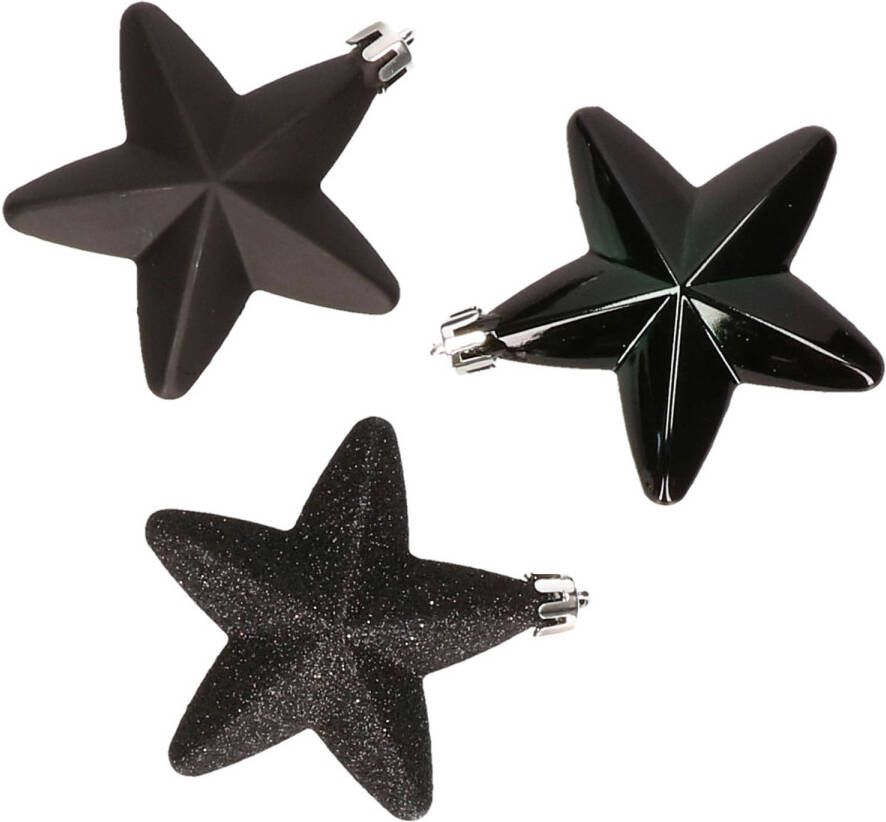 Decoris 6x stuks kunststof sterren kerstballen 7 cm zwart glans mat glitter Kersthangers
