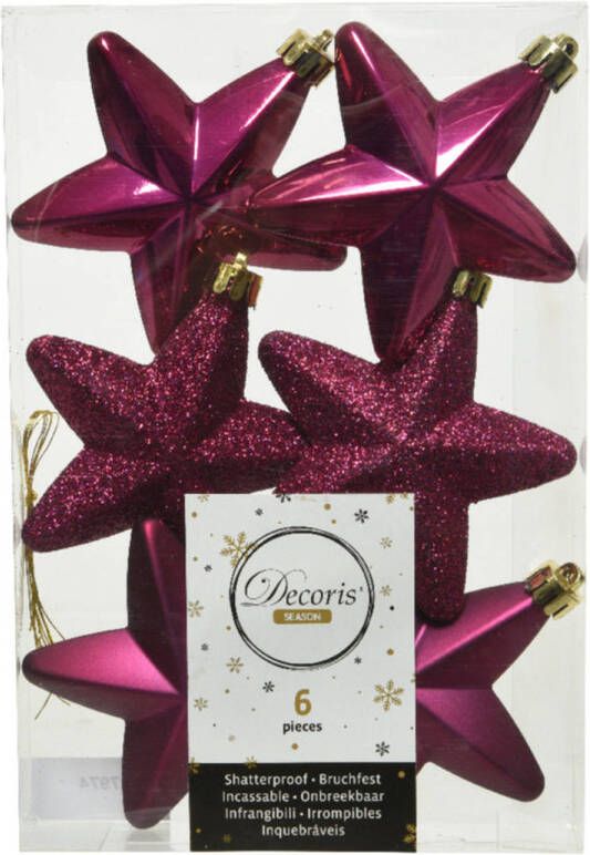 Decoris 6x stuks kunststof sterren kersthangers framboos roze (magnolia) 7 cm Kersthangers