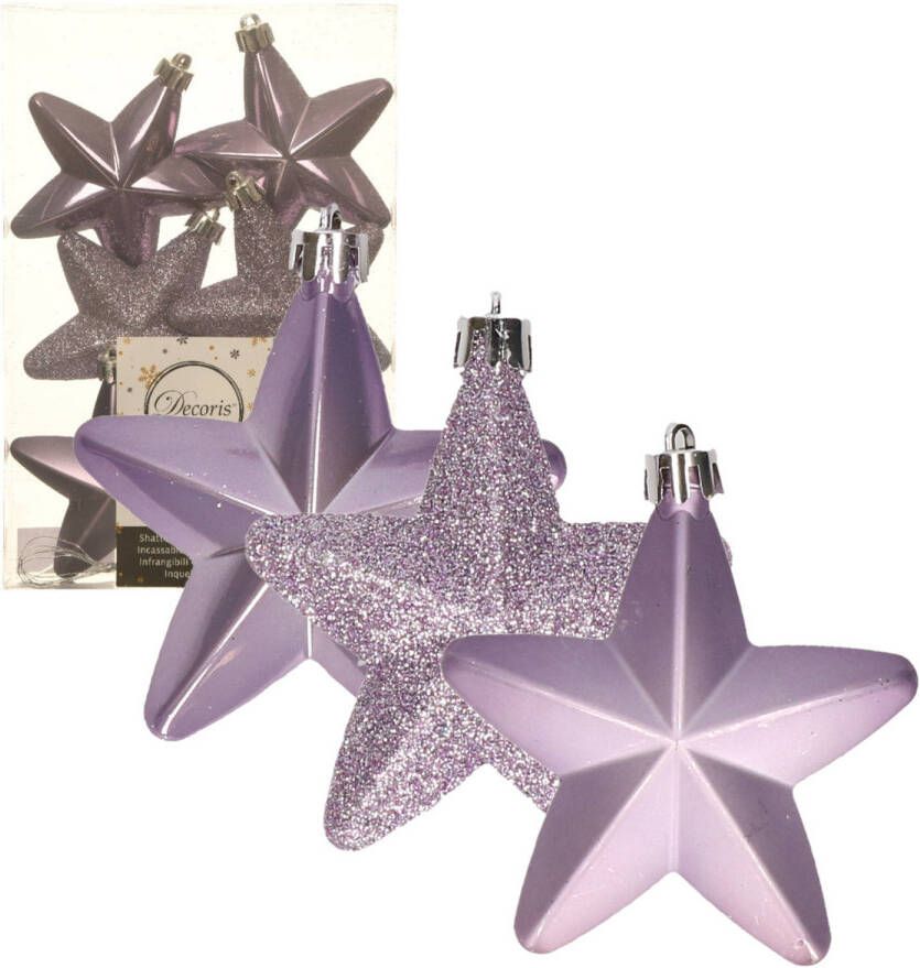 Decoris 6x stuks kunststof sterren kersthangers heide lila paars 7 cm Kersthangers