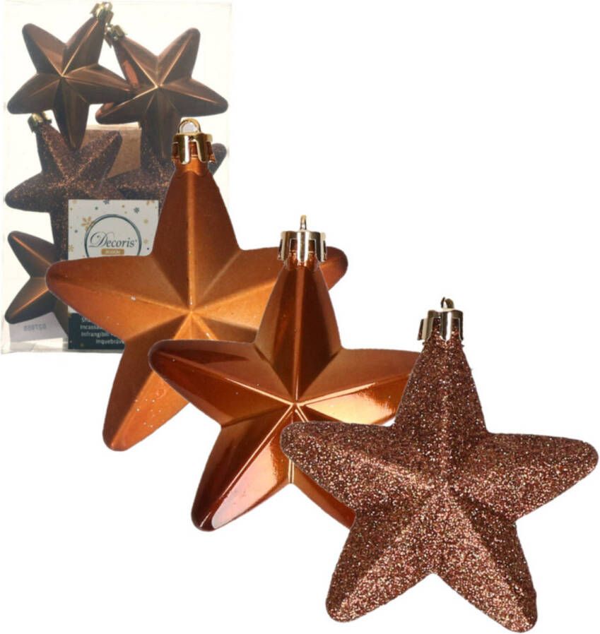 Decoris 6x stuks kunststof sterren kersthangers kaneel bruin 7 cm Kersthangers