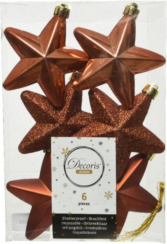 Decoris 6x stuks kunststof sterren kersthangers terra bruin 7 cm Kersthangers