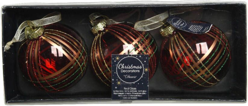 Decoris 6x stuks luxe glazen kerstballen brass gedecoreerd rood 8 cm Kerstbal