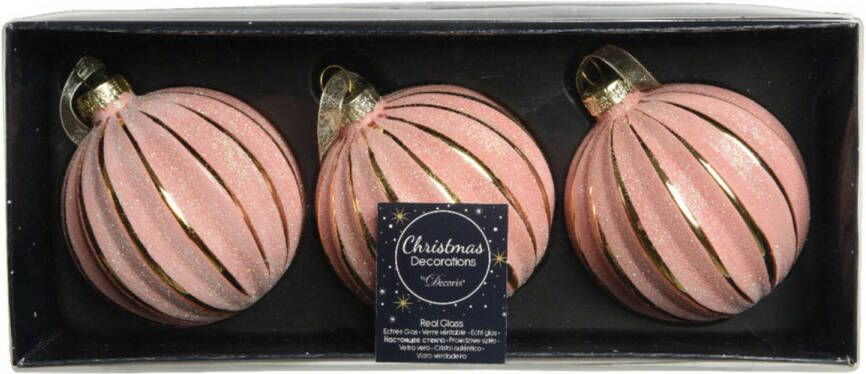 Decoris 6x stuks luxe glazen kerstballen brass roze met glitter 8 cm Kerstbal