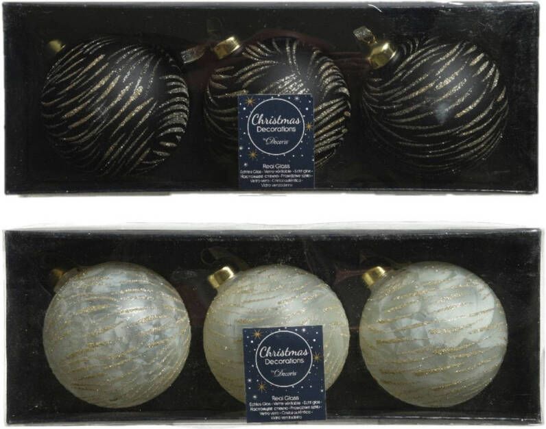 Decoris 6x stuks luxe glazen kerstballen brass zwart en wit 8 cm Kerstbal