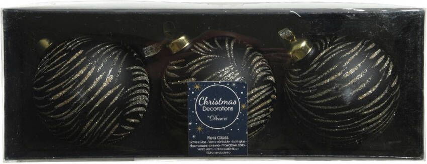 Decoris 6x stuks luxe glazen kerstballen brass zwart met goud 8 cm Kerstbal