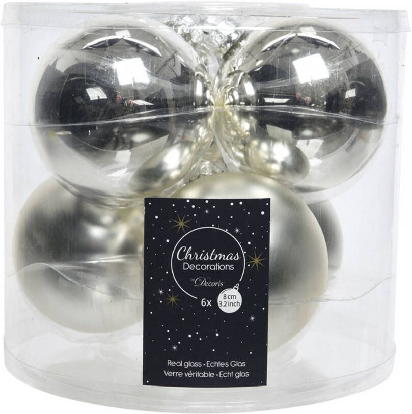 Decoris 6x Zilveren glazen kerstballen 8 cm glans en mat Kerstbal