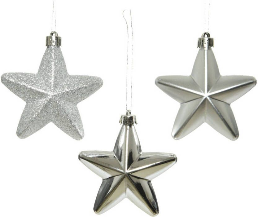 Decoris 6x Zilveren sterren kerstballen 7 cm kunststof glans mat glitter Kersthangers