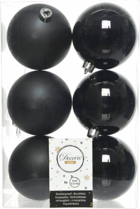 Decoris 6x Zwarte kerstballen 8 cm kunststof mat glans Kerstbal