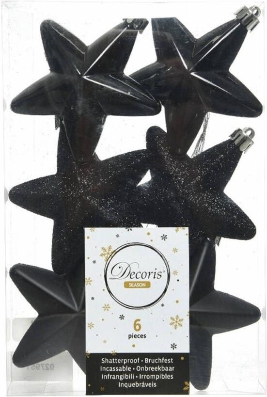 Decoris 6x Zwarte sterren kerstballen 7 cm kunststof glans mat glitter Kersthangers