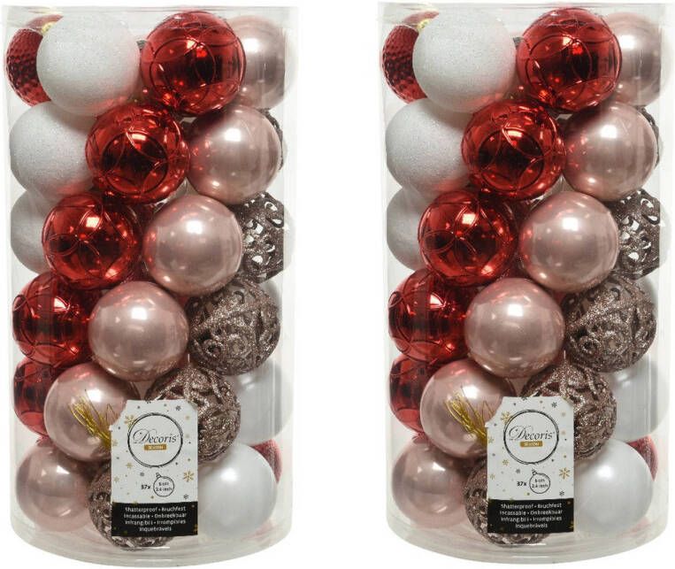 Decoris 74x stuks kunststof kerstballen lichtroze(blush) rood wit 6 cm mat glans glitter Kerstbal