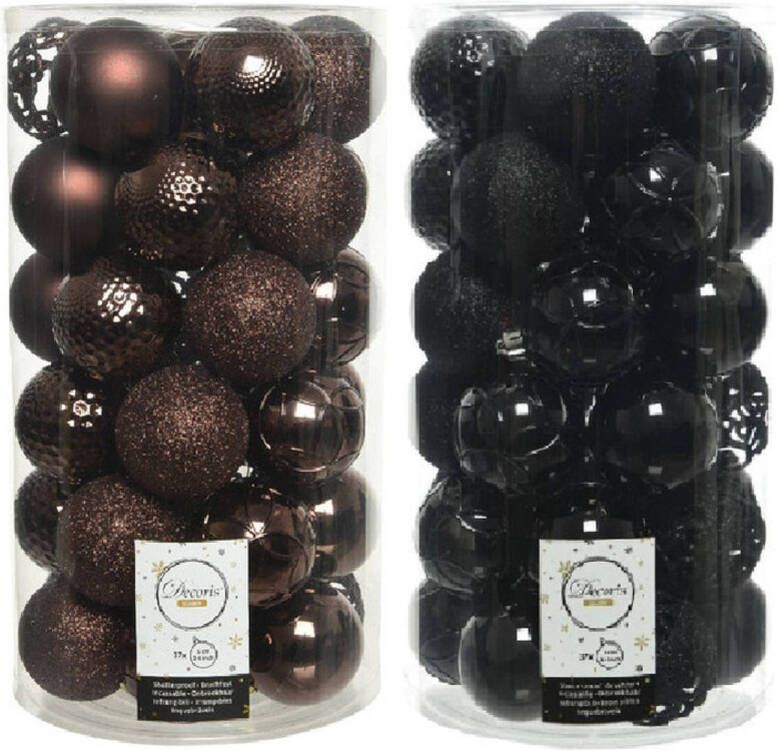 Decoris 74x stuks kunststof kerstballen mix donkerbruin en zwart 6 cm Kerstbal