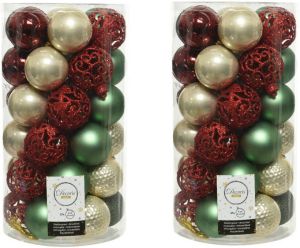 Decoris 74x stuks kunststof kerstballen parel donkerrood donkergroen saliegroen 6 cm mat glans glitter Kerstbal