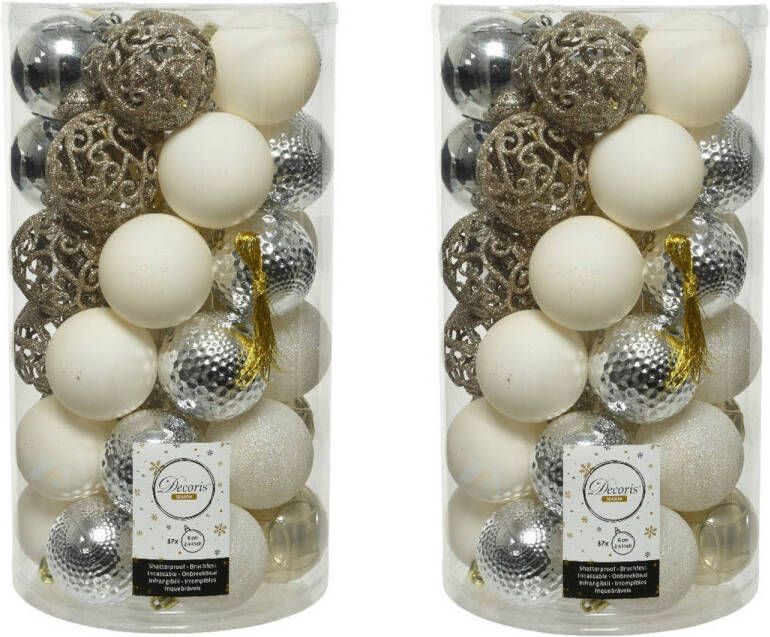 Decoris 74x stuks kunststof kerstballen zilver parel wit 6 cm mat glans glitter Kerstbal