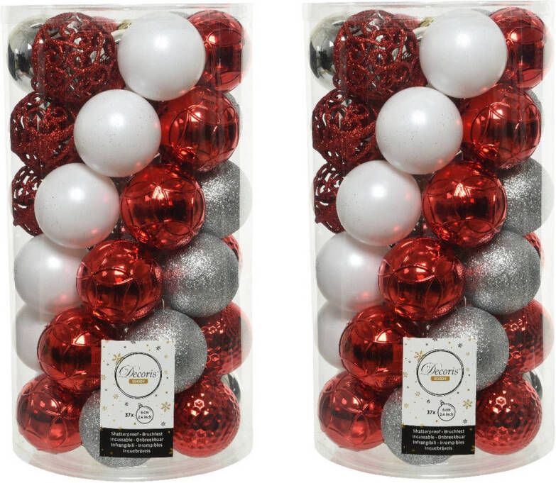 Decoris 74x stuks kunststof kerstballen zilver rood wit 6 cm mat glans glitter Kerstbal