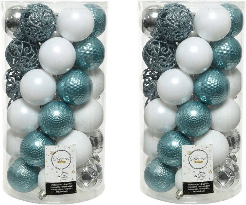 Decoris 74x stuks kunststof kerstballen zilver wit ijsblauw (blue dawn) 6 cm mat glans glitter Kerstbal