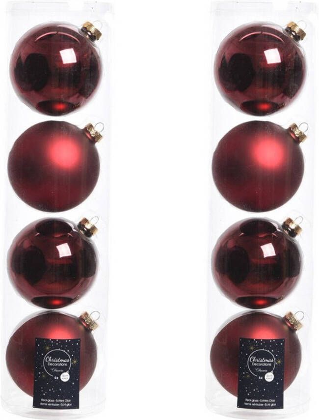 Decoris Tubes met 8x donkerrode kerstballen van glas 10 cm glans en mat Kerstbal