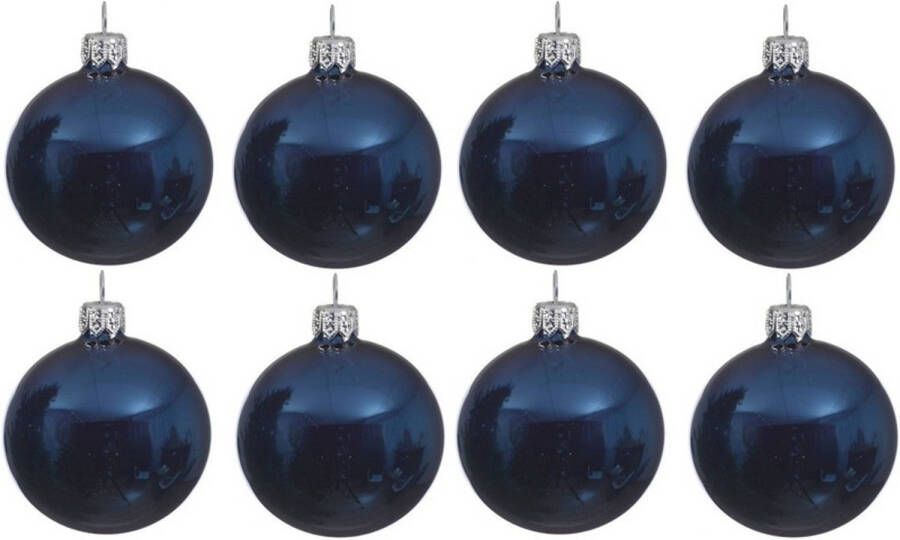 Decoris 8x Glazen kerstballen glans donkerblauw 10 cm kerstboom versiering decoratie Kerstbal