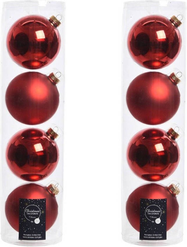 Decoris Tubes met 8x kerst rode kerstballen van glas 10 cm glans en mat Kerstbal