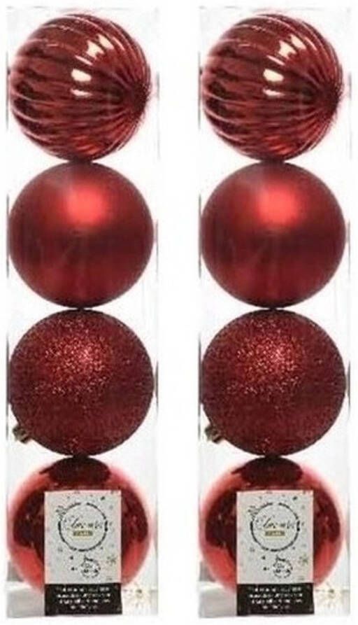 Decoris 8x Kunststof kerstballen mix kerstrood 10 cm kerstboom versiering decoratie Kerstbal