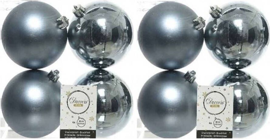 Decoris 8x Kunststof kerstballen glanzend mat grijsblauw 10 cm kerstboom versiering decoratie Kerstbal