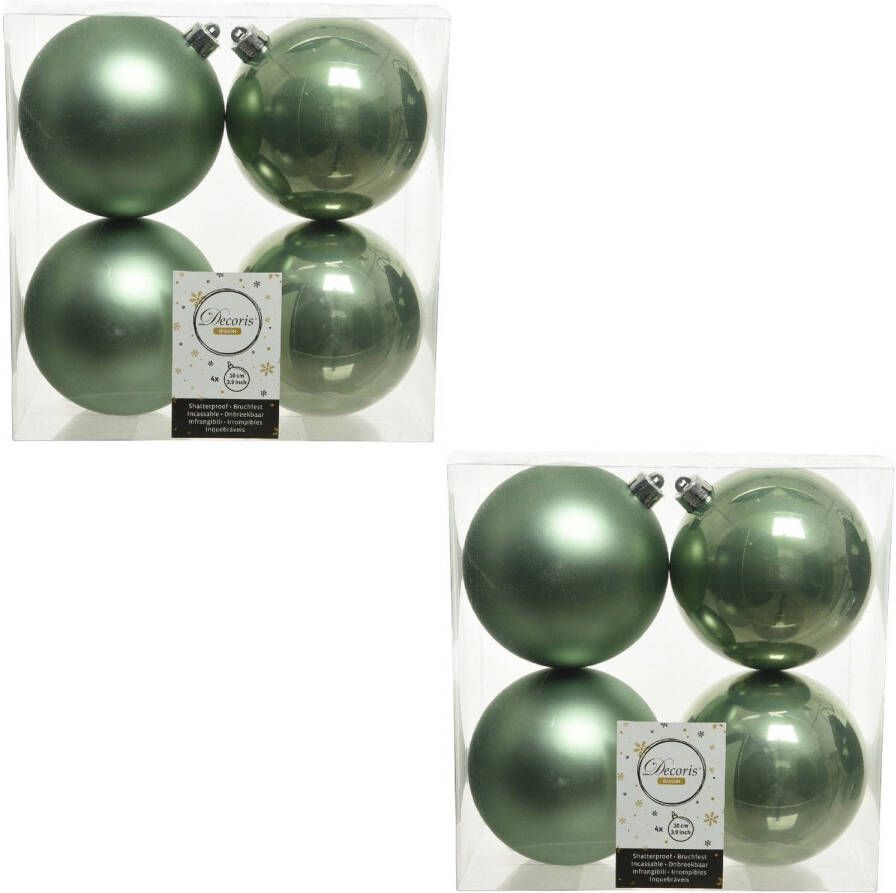 Decoris 8x Kunststof kerstballen glanzend mat salie groen 10 cm kerstboom versiering decoratie Kerstbal