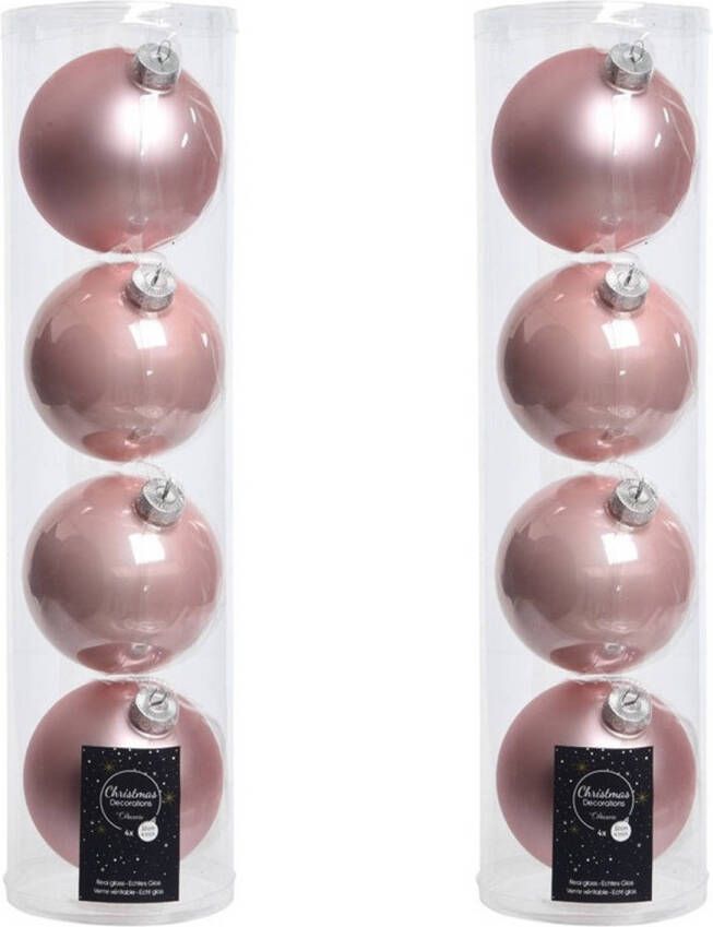 Decoris Tubes met 8x lichtroze kerstballen van glas 10 cm glans en mat Kerstbal