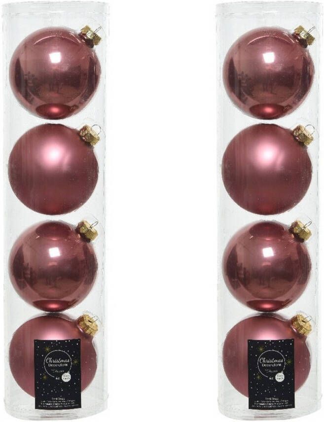 Decoris Tubes met 8x oud roze kerstballen van glas 10 cm glans en mat Kerstbal