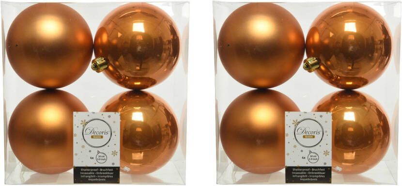 Decoris 8x stuks kunststof kerstballen cognac bruin (amber) 10 cm glans mat Kerstbal