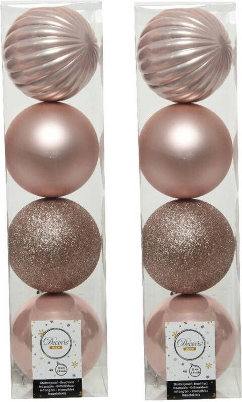Decoris 8x stuks kunststof kerstballen lichtroze (blush pink) 10 cm Kerstbal