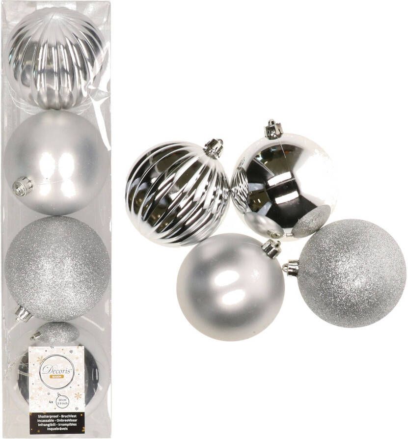 Decoris 8x Zilveren kerstballen 10 cm kunststof mix Kerstbal