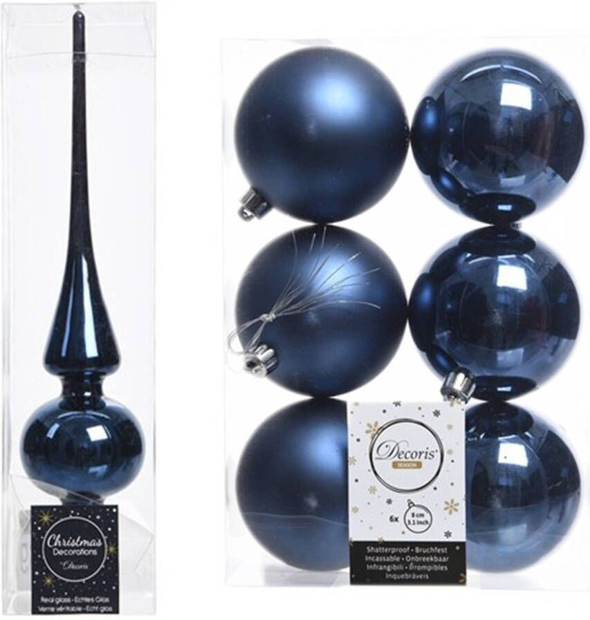 Decoris Blauwe kerstversiering kerstdecoratie set piek en 6x kerstballen 8 cm glans mat Kerstbal
