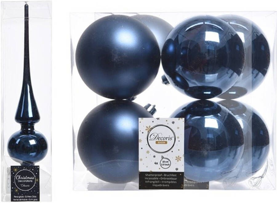 Decoris Blauwe kerstversiering kerstdecoratie set piek en 8x kerstballen 10 cm glans mat Kerstbal - Foto 1