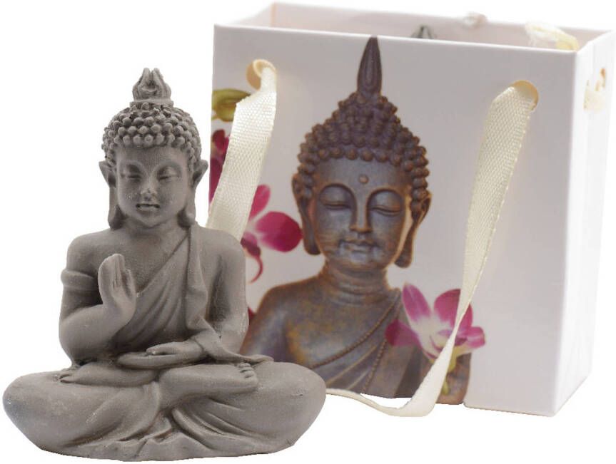 Decoris Boeddha beeldje in cadeautas kunststeen grijs 3 x 5 x 5 cm Beeldjes