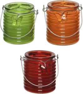 Decoris Set van 3x stuks citronella anti muggen kaarsen windlicht groen oranje en rood 20 branduren geurkaarsen