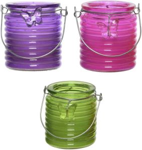 Decoris Set van 3x stuks citronella anti muggen kaarsen windlicht paars roze en groen 20 branduren geurkaarsen
