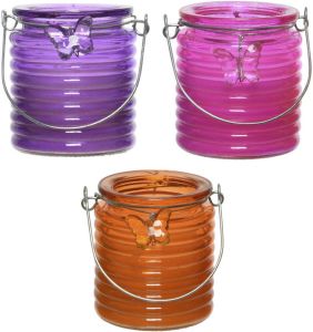 Decoris Set van 3x stuks citronella anti muggen kaarsen windlicht paars roze en oranje 20 branduren geurkaarsen