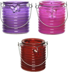 Decoris Set van 3x stuks citronella anti muggen kaarsen windlicht paars roze en rood 20 branduren geurkaarsen