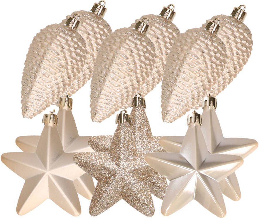 Decoris Dennenappels en sterren kerstornamenten 12 stuks kunststof champagne Kersthangers