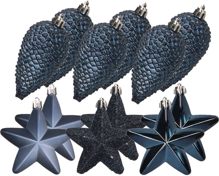 Decoris Dennenappels en sterren kerstornamenten 12 stuks kunststof donkerblauw Kersthangers
