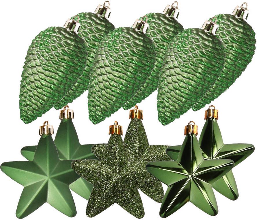 Decoris Dennenappels en sterren kerstornamenten 12 stuks kunststof donkergroen Kersthangers