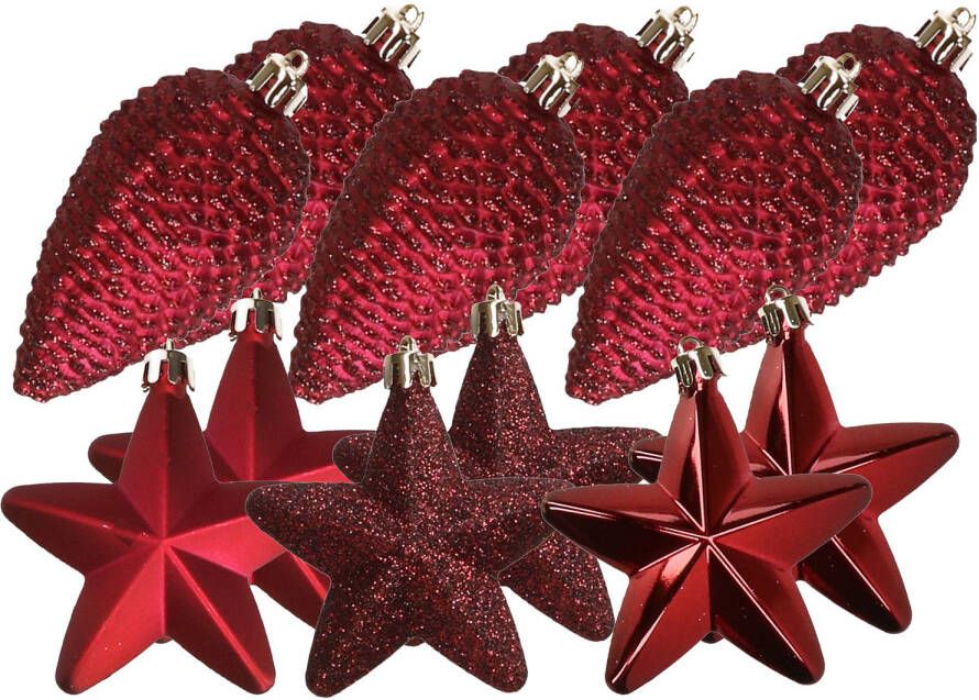 Decoris Dennenappels en sterren kerstornamenten 12 stuks kunststof donkerrood Kersthangers