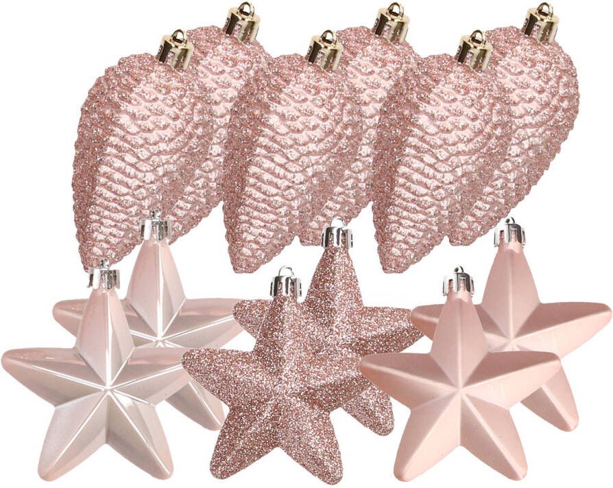 Decoris Dennenappels en sterren kerstornamenten 12 stuks kunststof lichtroze Kersthangers