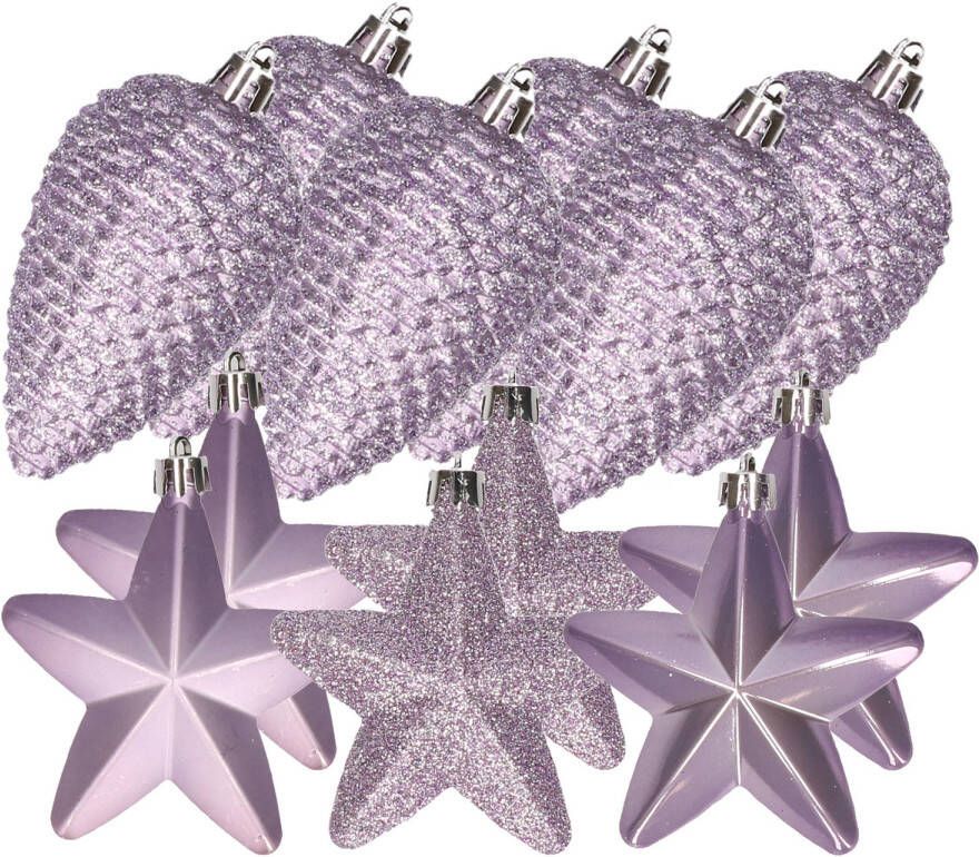 Decoris Dennenappels en sterren kerstornamenten 12 stuks kunststof lila Kersthangers